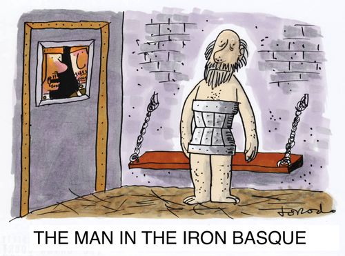 Prisoner in cell wearing an iron basque.