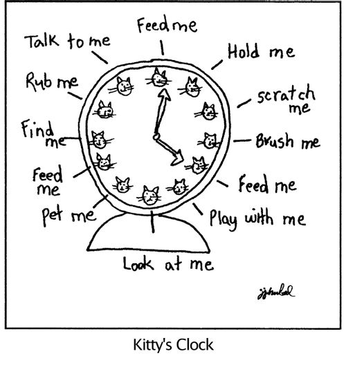 Kitty's Clock, each hour marked by a cat's face and the reminders, 'Scratch me, Brush me, Feed me, Play with me, Look at me, Pet me, Find me, Talk to me, Feed me, Rub me, Hold me.'