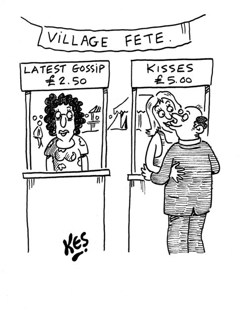 Two stalls at the village fete: Kisses £5.00 and Latest gossip £2.50