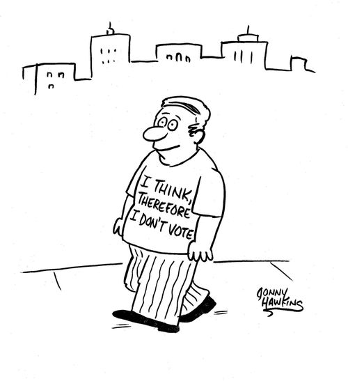 Man with t-shirt: 'I think, therefore I don't vote'