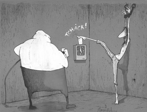 Torturers punch card is punched by enthusiastic prisoner.