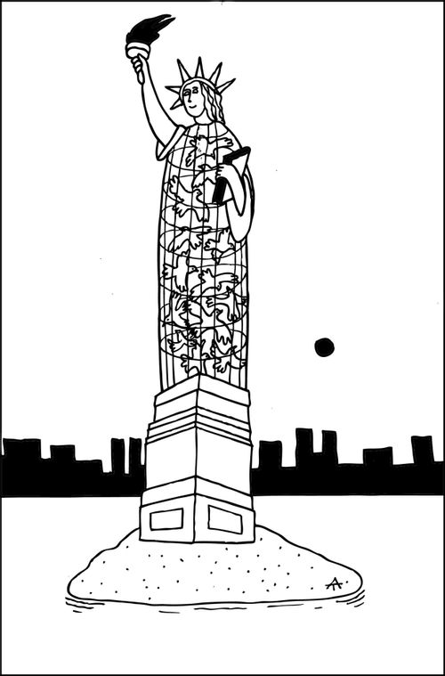Doves of peace trapped within the statue of liberty.