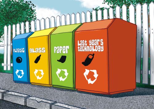 Recycling Bins: Plastic, Glass, Paper, and Last Year's Technology.