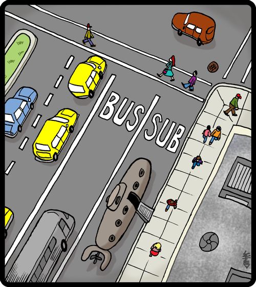 Surreal bus lane with a sub lane in the city.