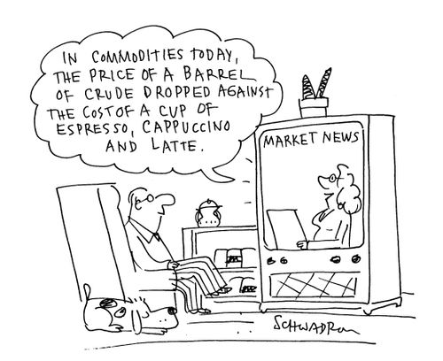 'In commodities today, the price of a barrel of crude dropped against the cost of a cup of Espresso, Cappuccino and Latte.'