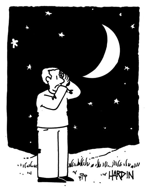 Man covering one eye looking at the moon.