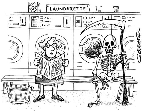 Grim Reaper in launderette washing cloak.