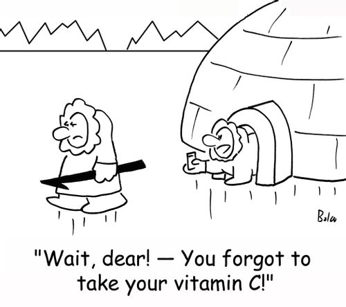 'Wait, dear! -- You forgot to take your vitamin C!'