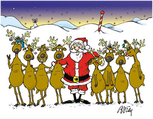Santa Claus standing and posing with a group of misfit reindeer.