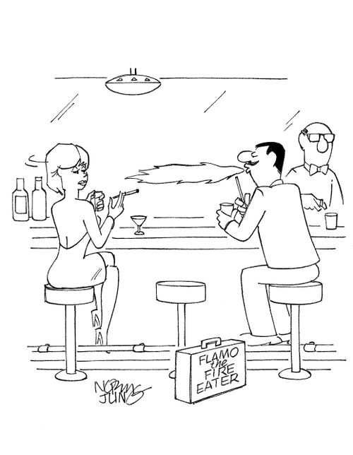 Flamo the Fire Eater offering light to female bar patron