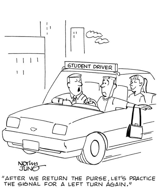 'After we return the purse, let's practice the signal for a left turn again.'