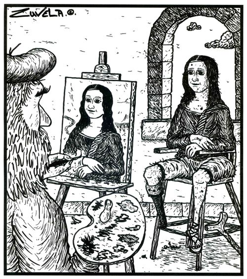 Visual gag (the real Mona Lisa behind the scenes). 