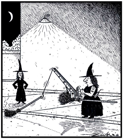 A Witch's broom has broken down and is being towed away.