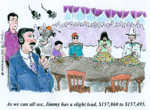 'As we can all see, Jimmy has a slight lead, $157,860 to $157,495.'