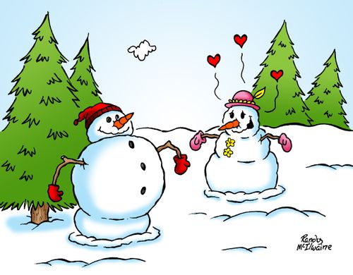 Snow woman admiring a muscular snowman.