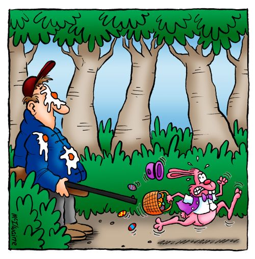 The Easter Bunny hits a hunter with his eggs and makes his escape.