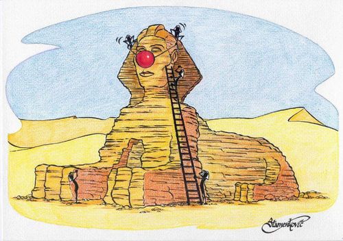 The Sphynx wearing a red nose.