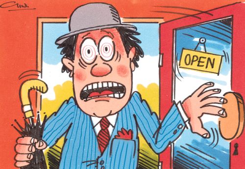 Very strange Englishman with umbrellar and bowler hat entering an open shop