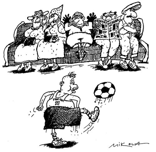 Goalie sitting in middle of full park bench waiting for player to shoot