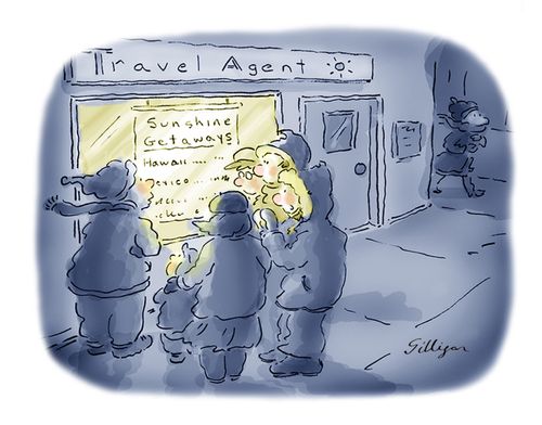 Travel agency warms people passing by.