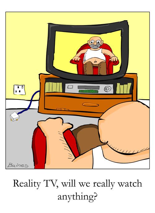 man watching reflection in unplugged TV. 'Reality TV, will we really watch anything?'