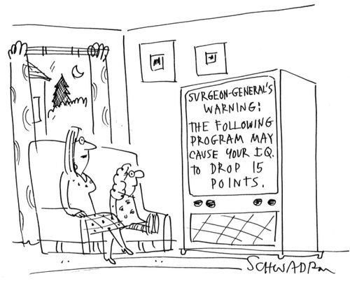 TV screen - 'Surgeon-general's warning: the following program may cause your IQ to drop 15 points'.
