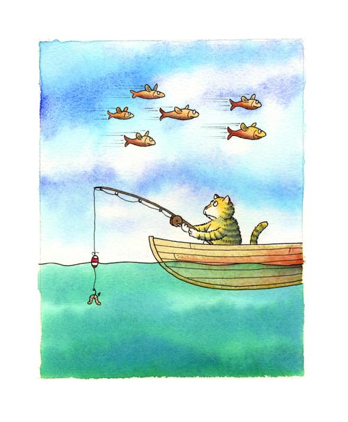 Cat fishing whilst fish fly overhead.