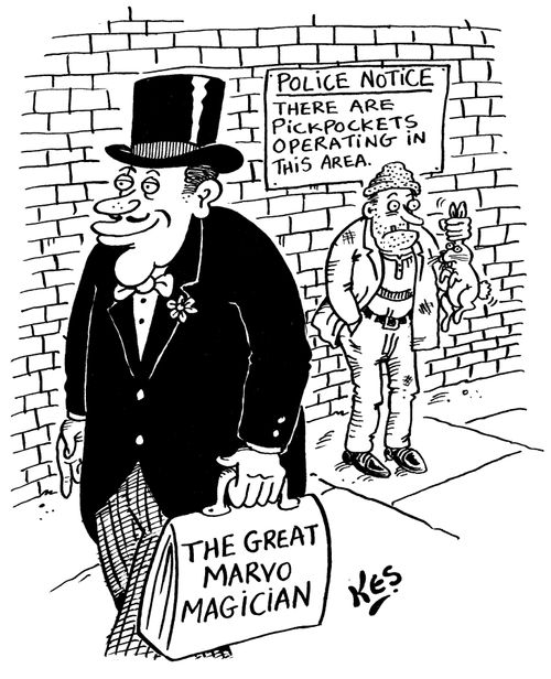 Pickpocket steals rabbit from magician's pocket.