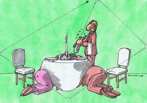 Man hiding under the table as Champane is popped open.
