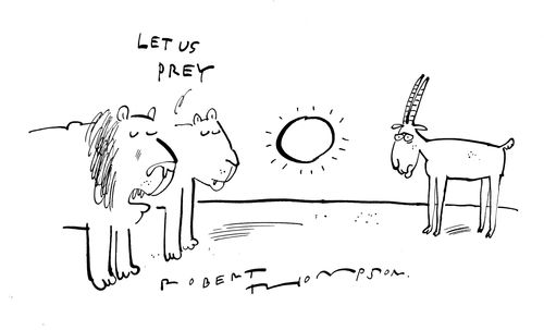 A lion says 'Let us prey.'