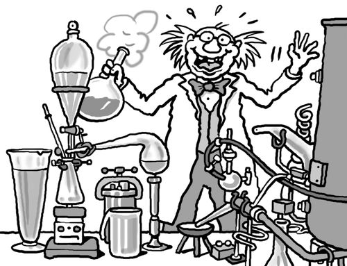 Mad scientist holding bubbling flask in lab
