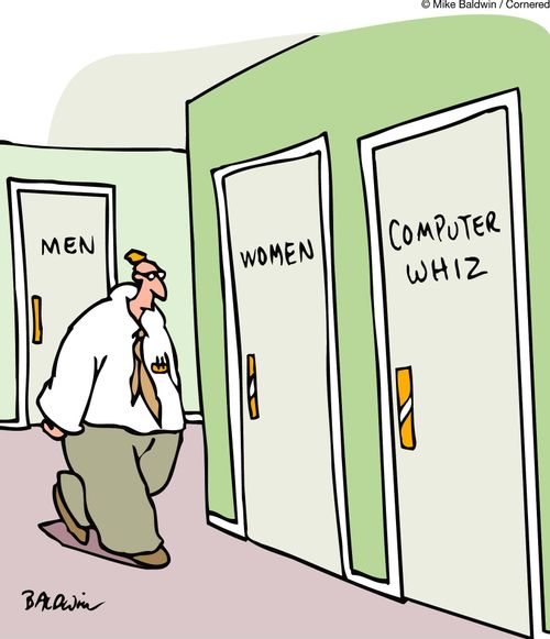 Washroom Doors: Men, Women, Computer Whiz.