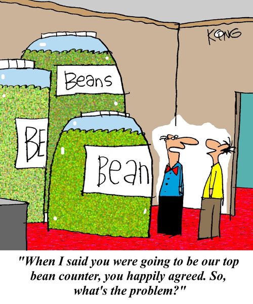 'When I said you were going to be our bean counter, you happily agreed. So, what's the problem?'