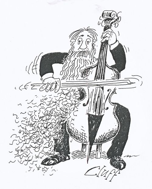 Man trimming beard with cello bow.