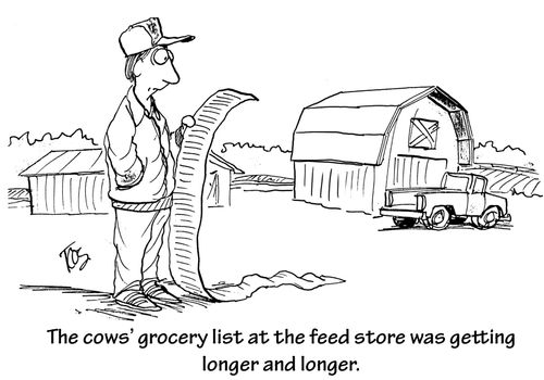 The cows' grocery list at the feed store was getting longer and longer.