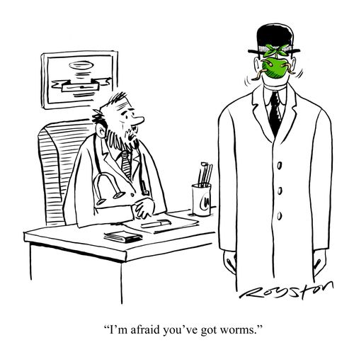 Doctor says to Magritte character with apple in face: 'I'm afraid you've got worms.'