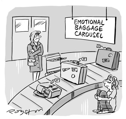 Emotional Baggage Carousel. (Women waiting for bags appear angry and upset.)