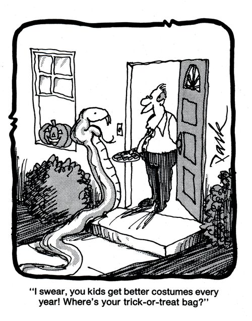 'I swear, you kids get better costumes every year! Where's your trick-or-treat bag?'