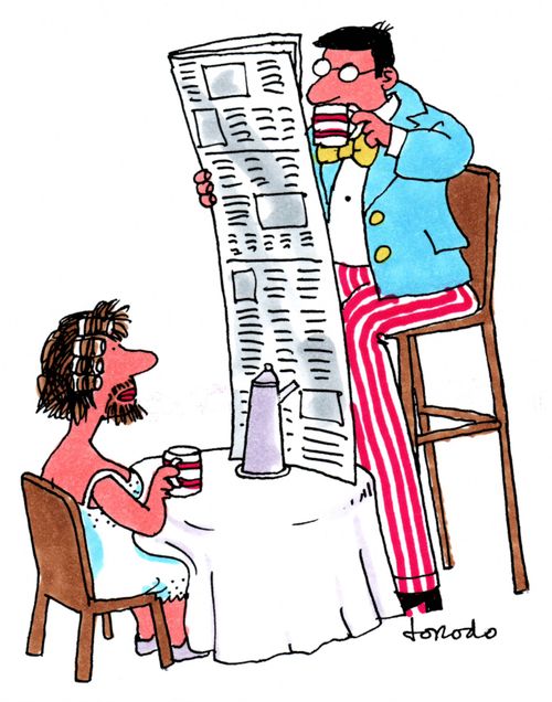 Bearded lady and stiltwalker at breakfast.