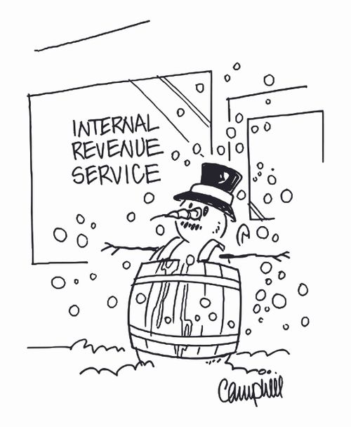 Snowman in front of IRS wears barrel