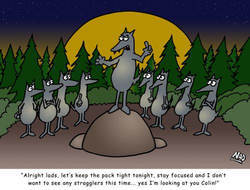 'Alright lads, let's keep the pack tight tonight, stay focused and I don't want to see any stragglers this time... yes I'm looking at you Colin!'