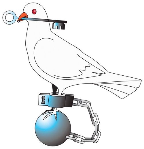 The dove of peace is chained up.