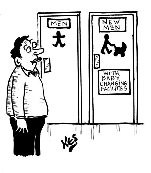 A man outside of gents toilet sees sign: New Men - With Baby changing facilities. 