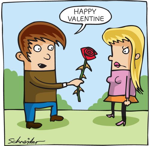 Boyfriend gives his girlfriend a red rose with thorns.
