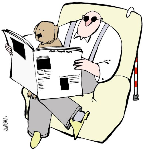 Guide dog reading paper to blind man.