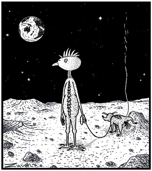 An Alien on the Moon waiting for his Alien dog to finish Peeing.