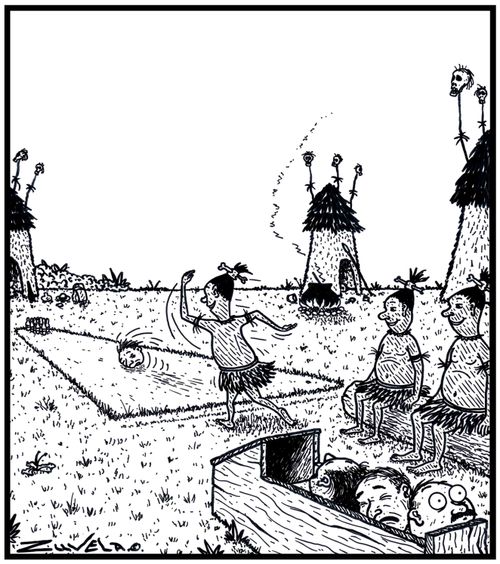 CannibalsHeadhunters playing a game of Tenpin Bowling using Explorers and Missionaries heads for bowling balls