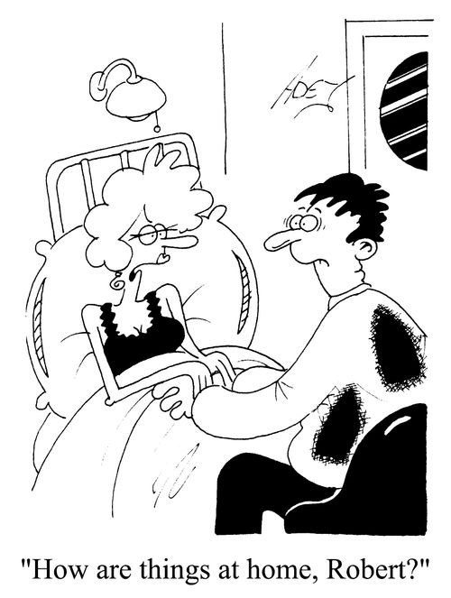 Man with Ironing burns on shirt - "How are things going at home Robert?"
