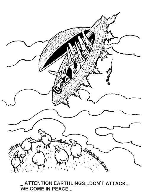 Aliens talking to sheep - "Attention earthings.. Don't attack, we come in peace."