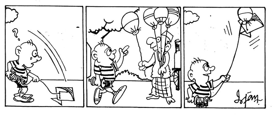 A childs kite falls from the sky,he buys a balloon using it to re-fly his kite